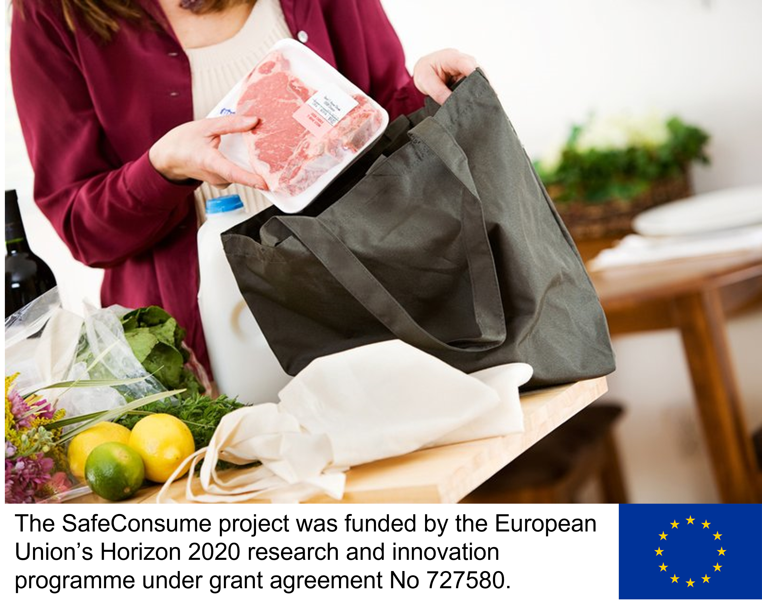 Person unpacking shopping with EU flag and SafeConsume description